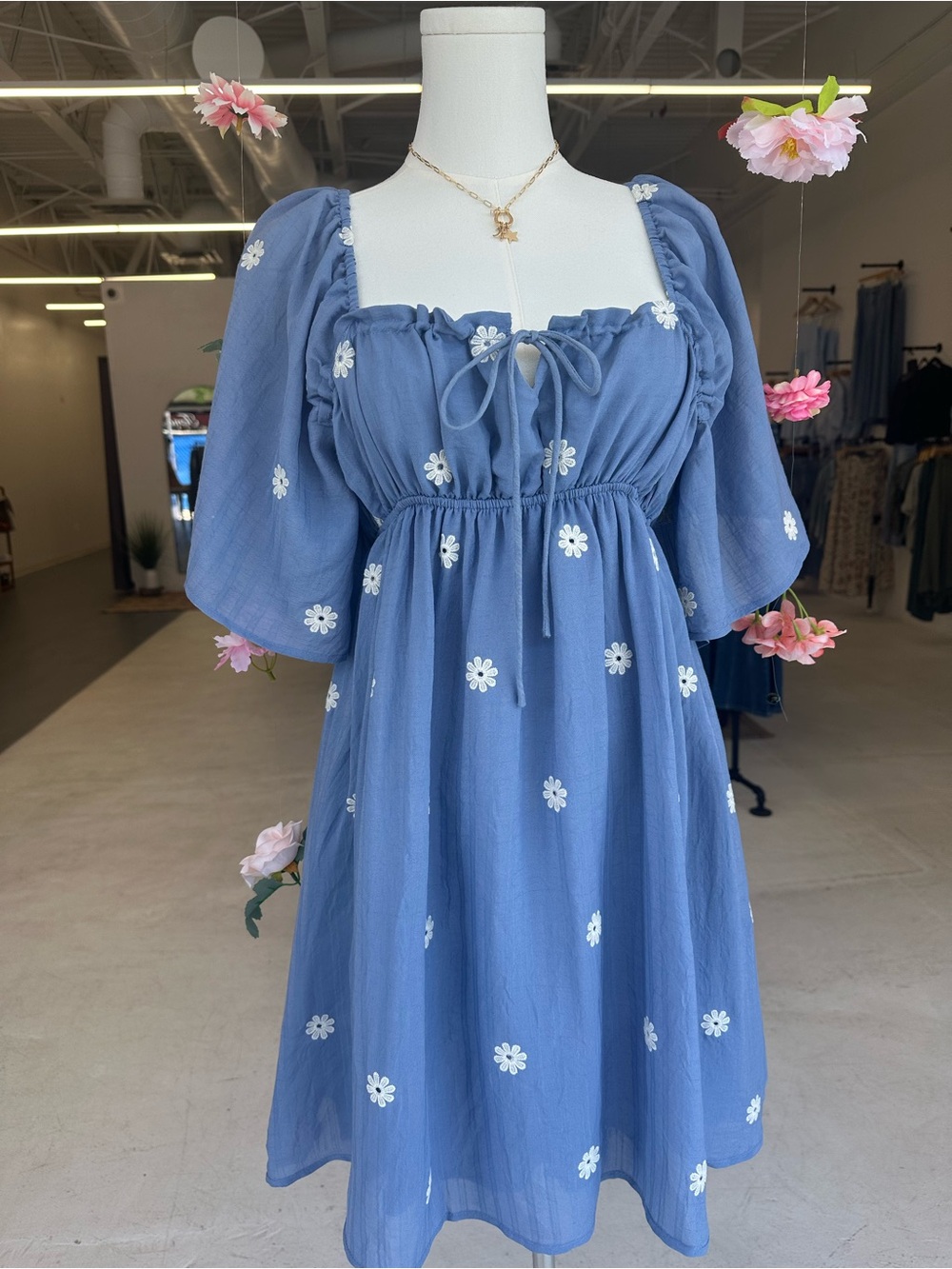 Blue Floral Embroidered Puff-Sleeve Dress
